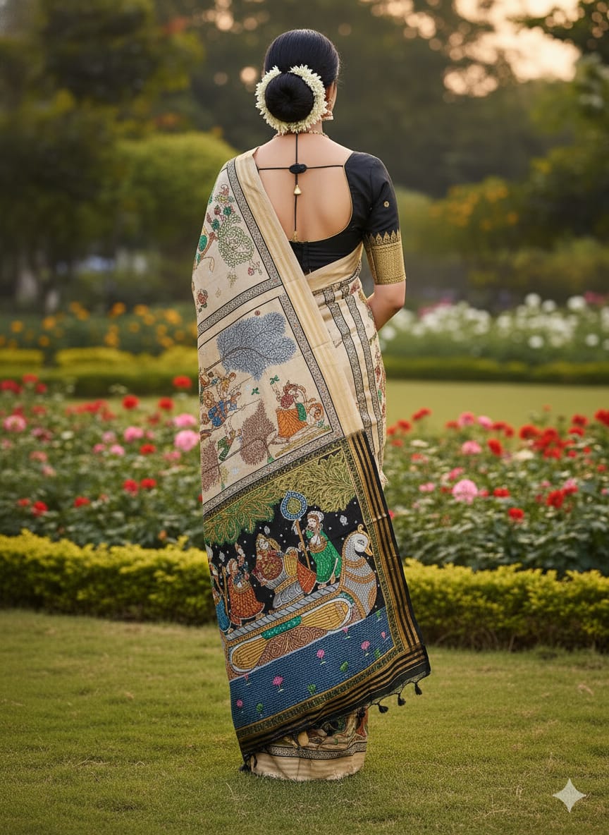Creame Black All Festival Theme Pattachitra Kanjeeveram Silk Saree