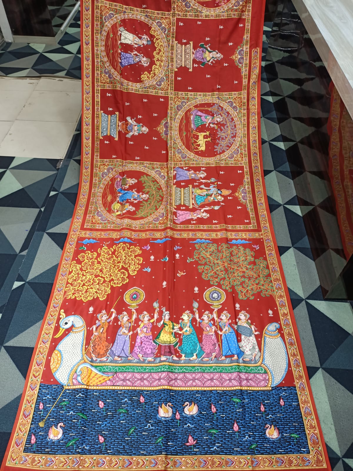 Red Big Box Boita Theme Pattachitra Khadi Silk Saree