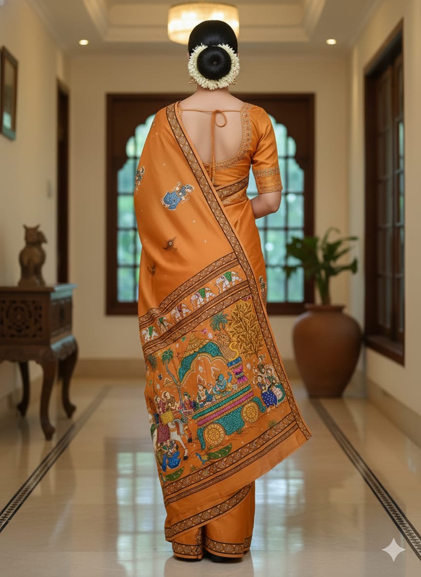 Yellow Mathura Vijay Theme Pattachitra Khadi Silk Saree