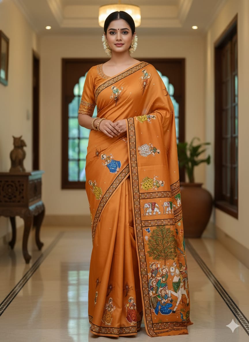 Yellow Mathura Vijay Theme Pattachitra Khadi Silk Saree