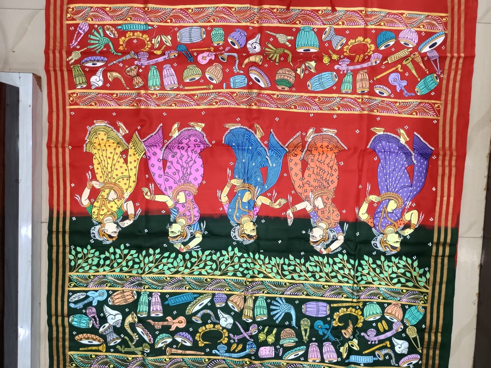 Green Red Musical Instruments And Dancer Theme Pattachitra Kanjeeveram Silk Saree