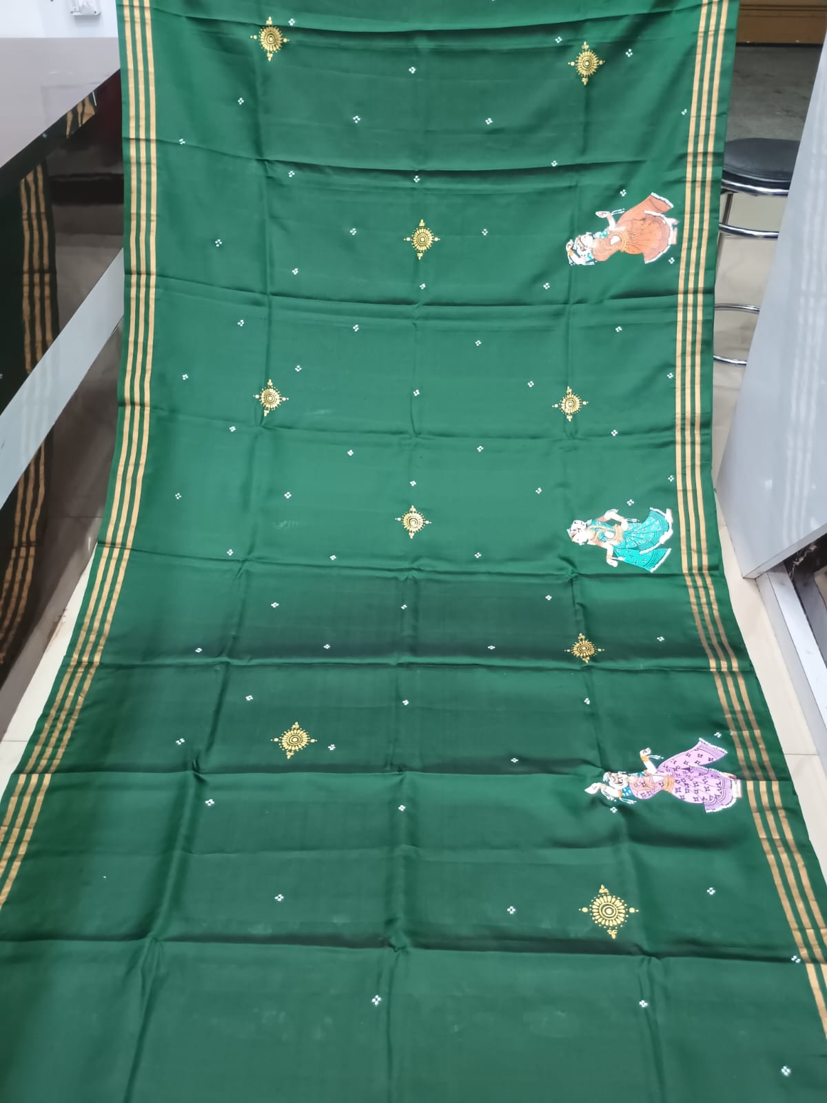 Green Red Musical Instruments And Dancer Theme Pattachitra Kanjeeveram Silk Saree