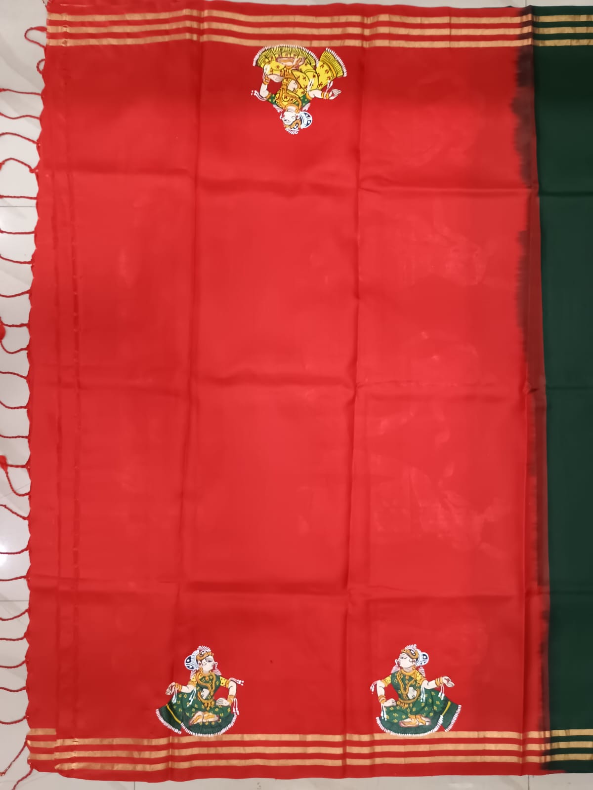 Green Red Musical Instruments And Dancer Theme Pattachitra Kanjeeveram Silk Saree