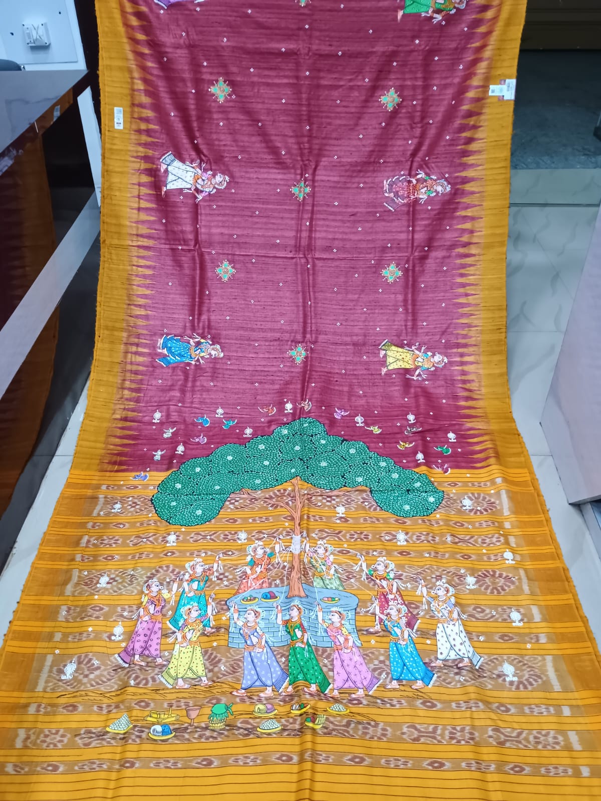 Maroon Yellow Bata Sabitri Theme Pattachitra Tussar Silk Saree