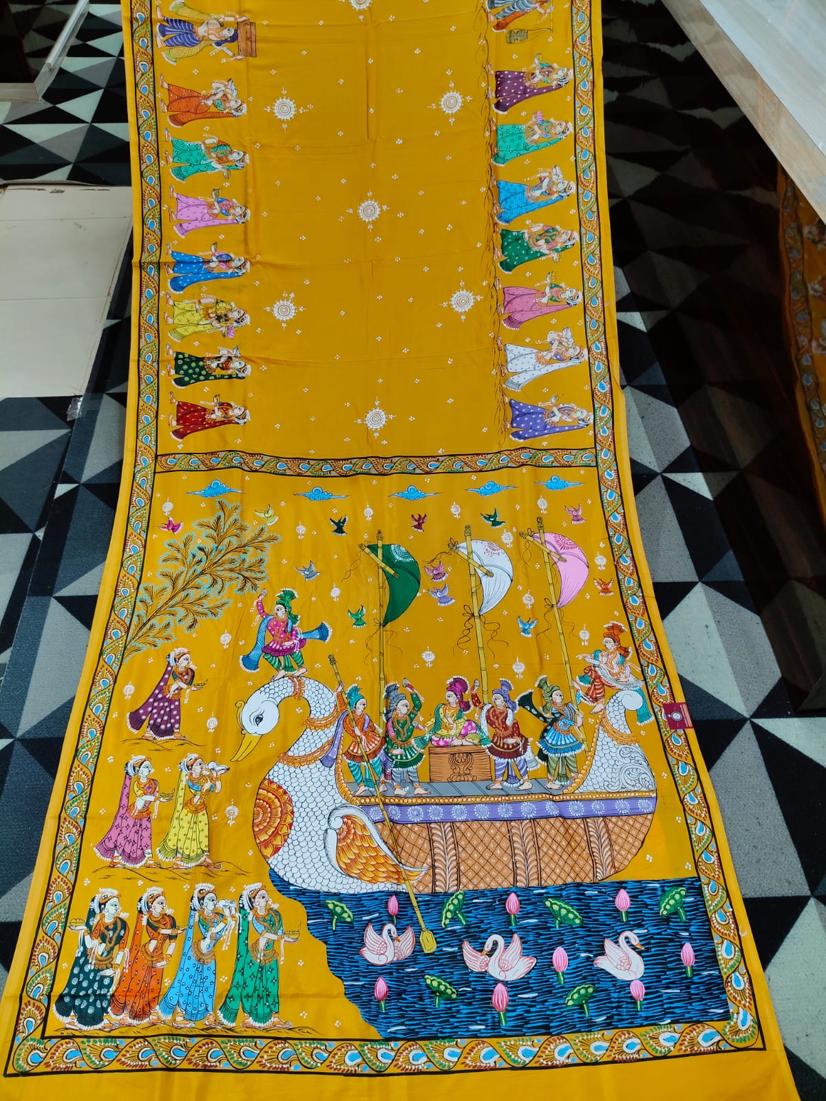 Yellow Boita Bandan Theme Pattachitra Khadi Silk Saree
