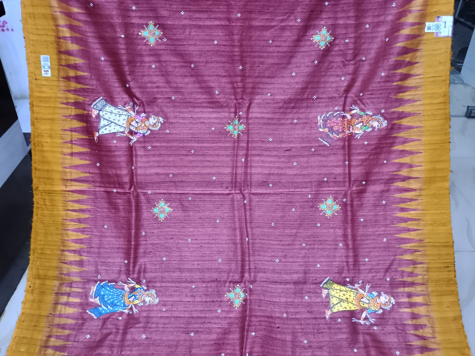Maroon Yellow Bata Sabitri Theme Pattachitra Tussar Silk Saree