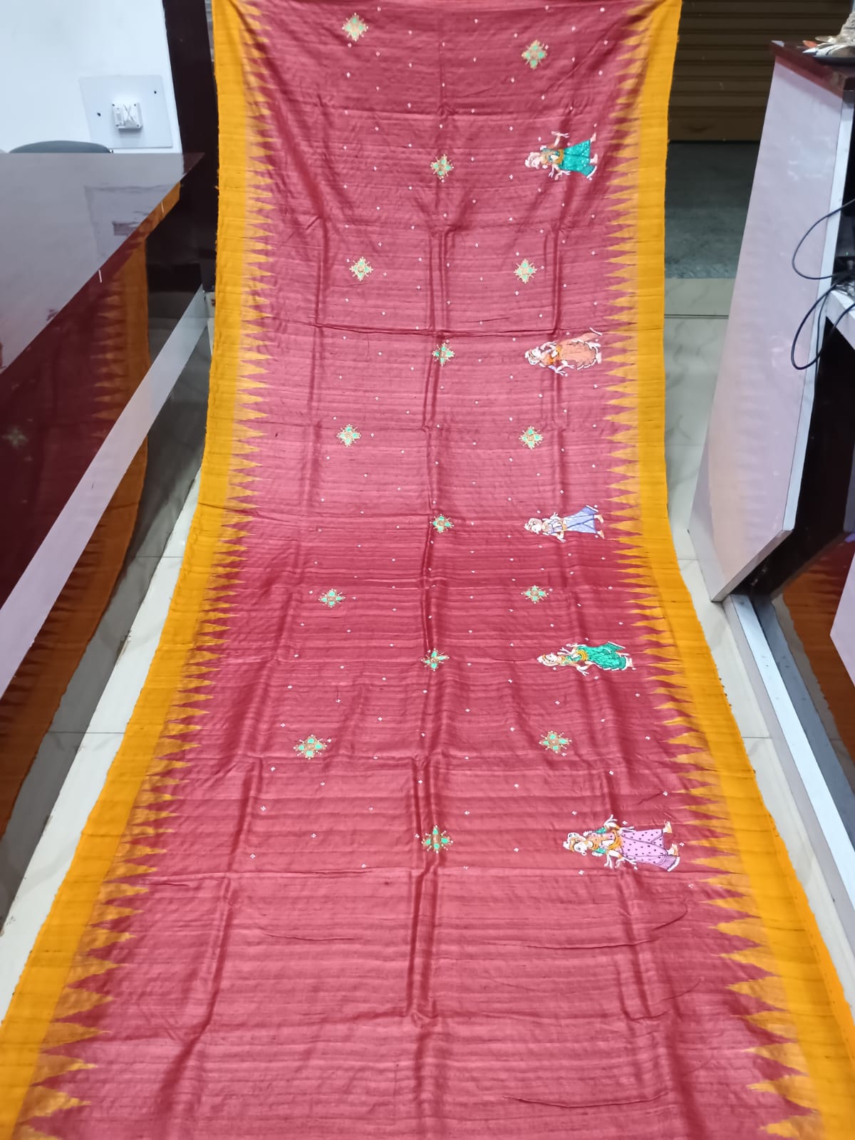 Maroon Yellow Bata Sabitri Theme Pattachitra Tussar Silk Saree