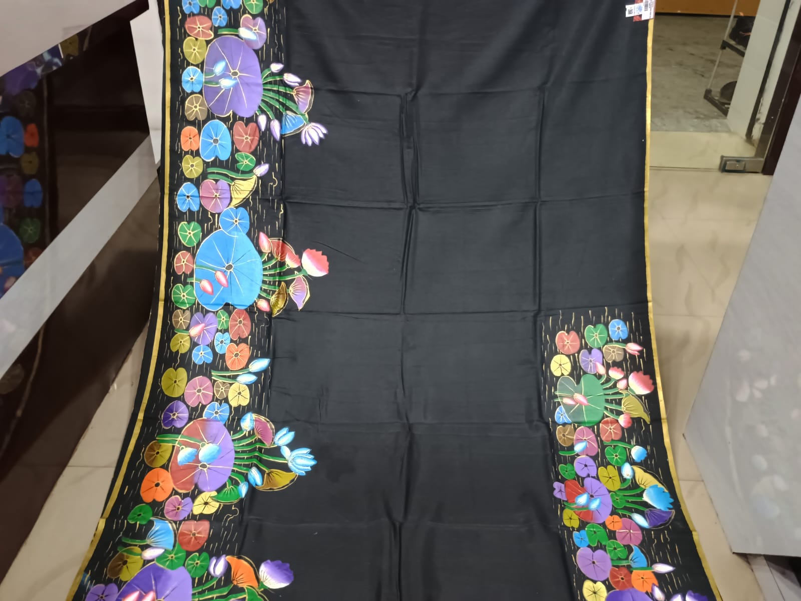 Black Kamadhenu With Lord Krishna Morden Art Theme Pattachitra Khadi Silk Saree