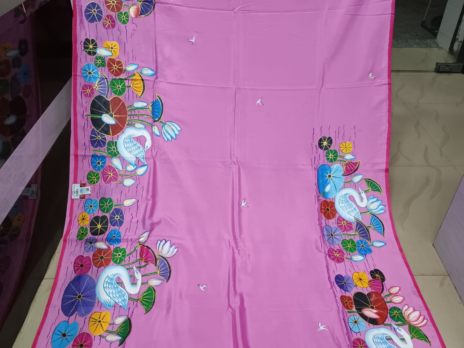 Pink Water Lily And Swan Morden Art Theme Pattachitra Khadi Silk Saree