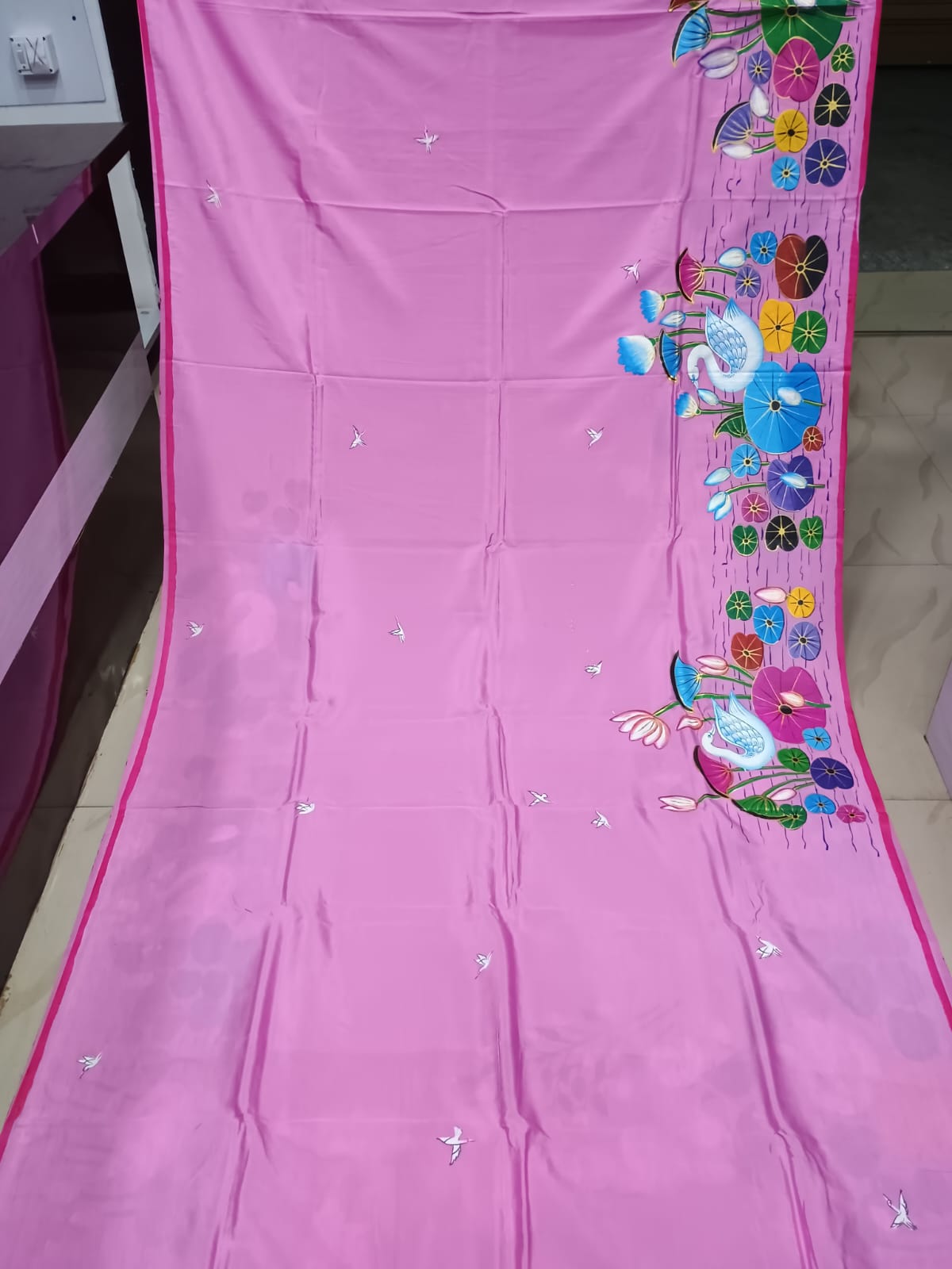 Pink Water Lily And Swan Morden Art Theme Pattachitra Khadi Silk Saree