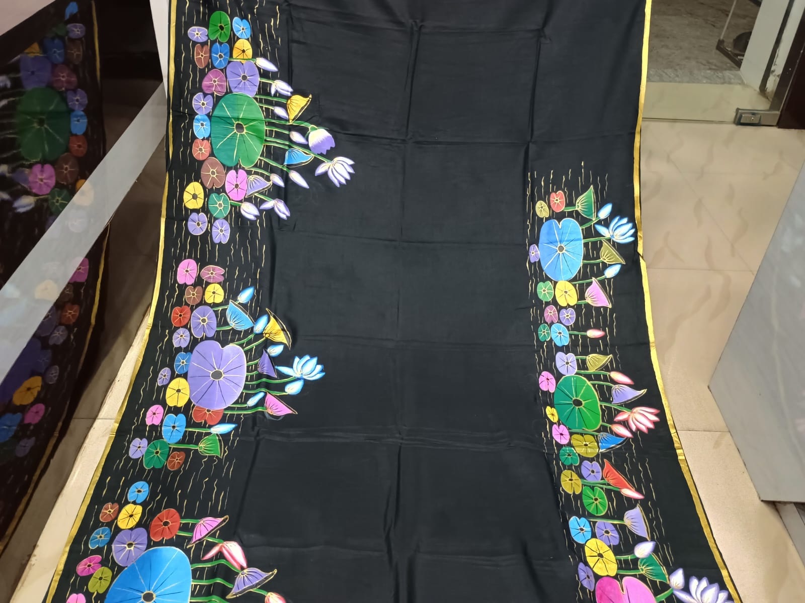 Black Water Lily Morden Art Theme Pattachitra Khadi Silk Saree
