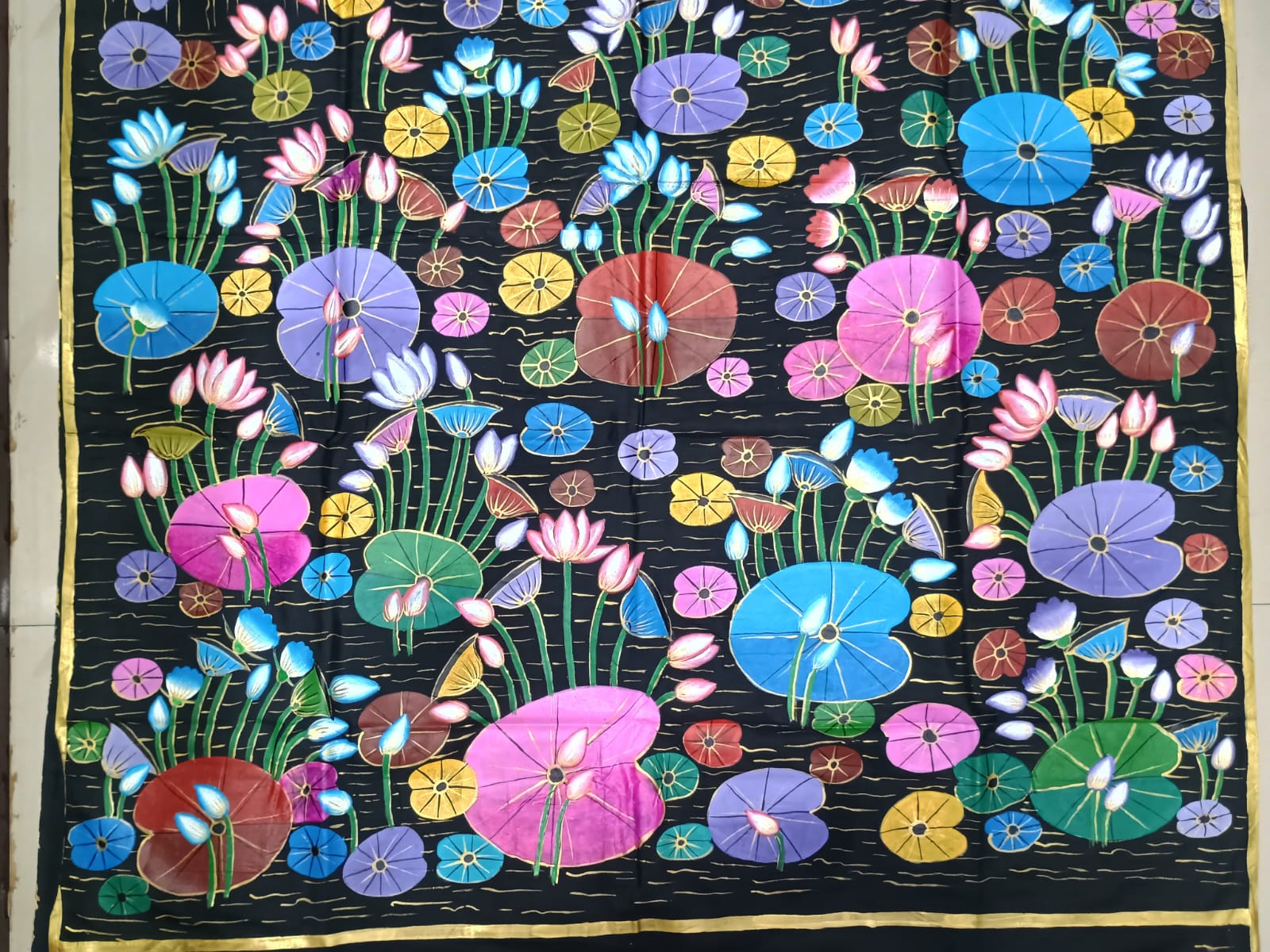 Black Water Lily Morden Art Theme Pattachitra Khadi Silk Saree