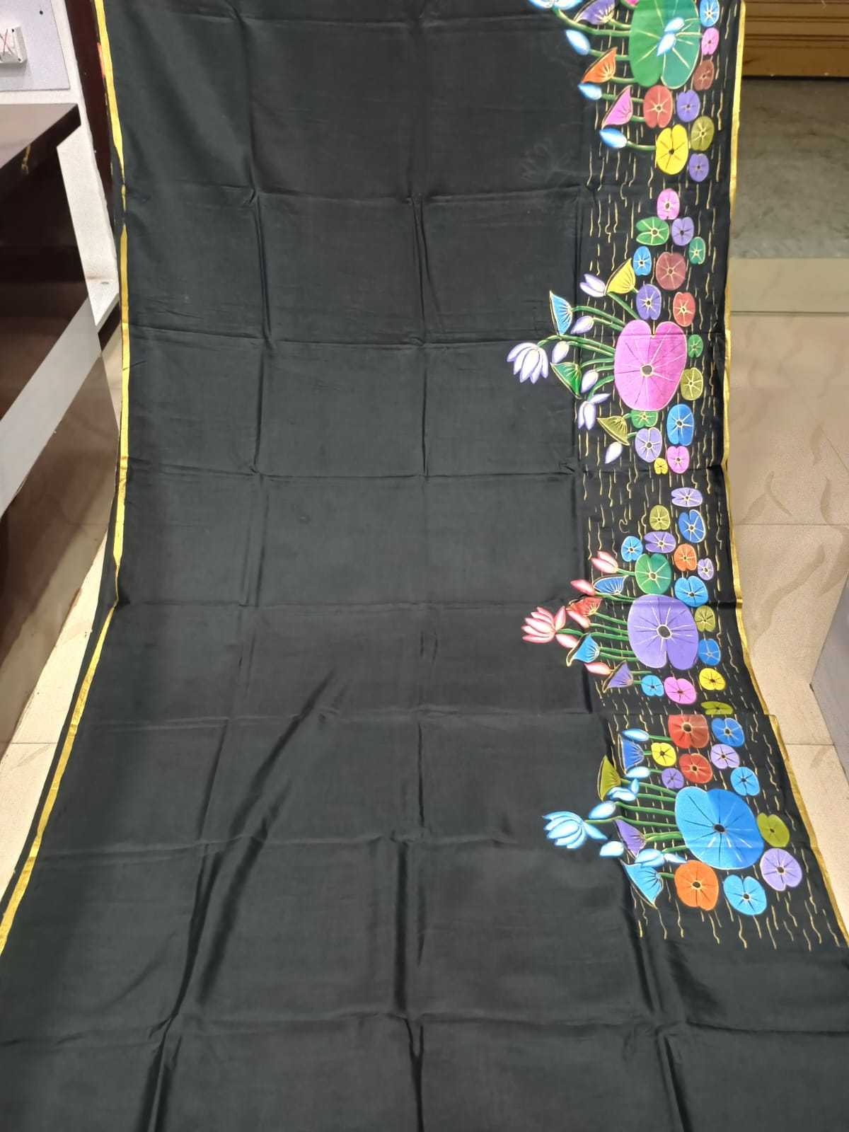 Black Water Lily Morden Art Theme Pattachitra Khadi Silk Saree