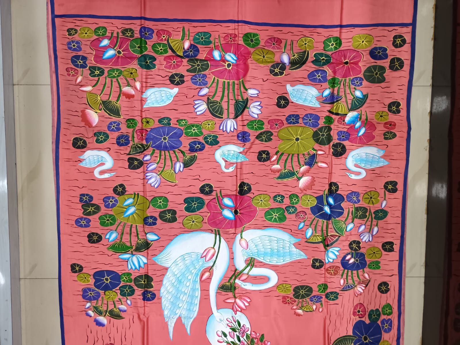 Peach Water Lily And Swan Morden Art Theme Pattachitra Khadi Silk Saree