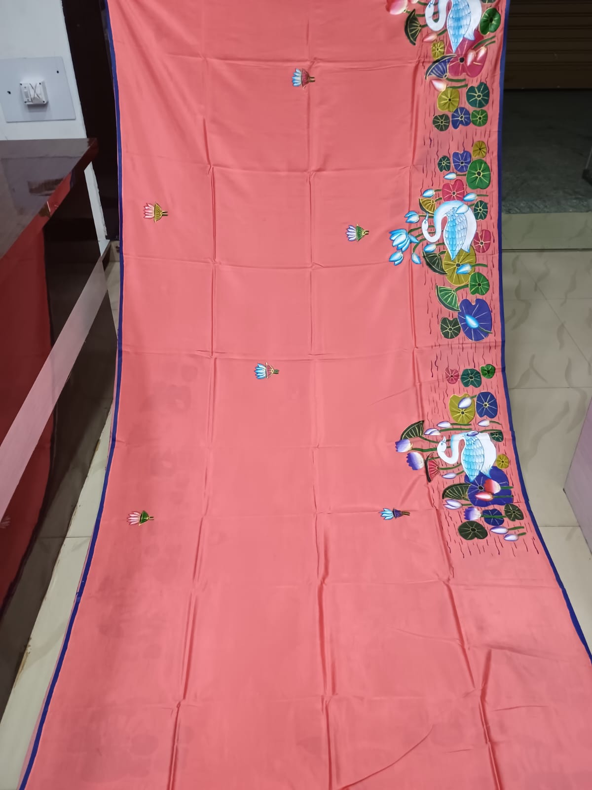 Peach Water Lily And Swan Morden Art Theme Pattachitra Khadi Silk Saree