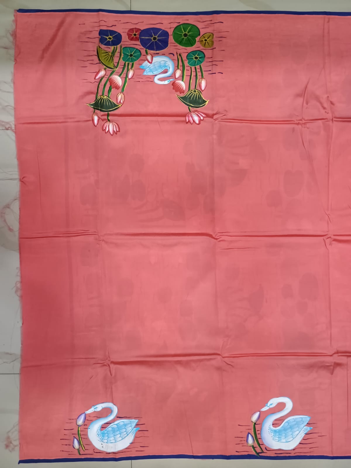 Peach Water Lily And Swan Morden Art Theme Pattachitra Khadi Silk Saree