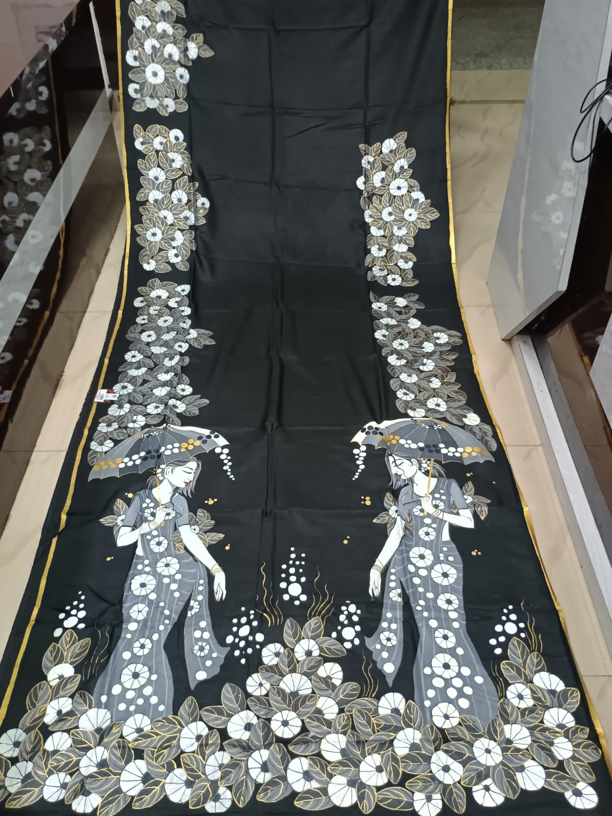 Black Lady With Umbrella Morden Art Theme Pattachitra Khadi Silk Saree