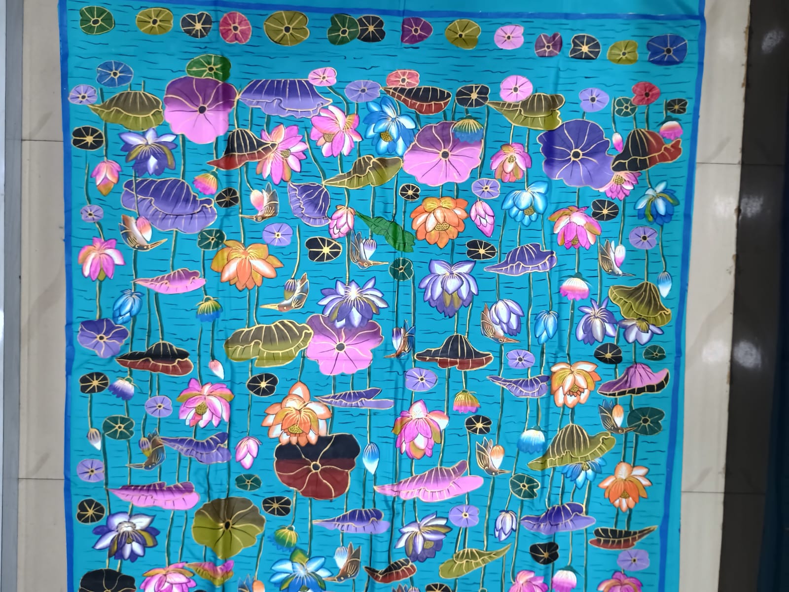 Sky Water Lily Morden Art Theme Pattachitra Khadi Silk Saree