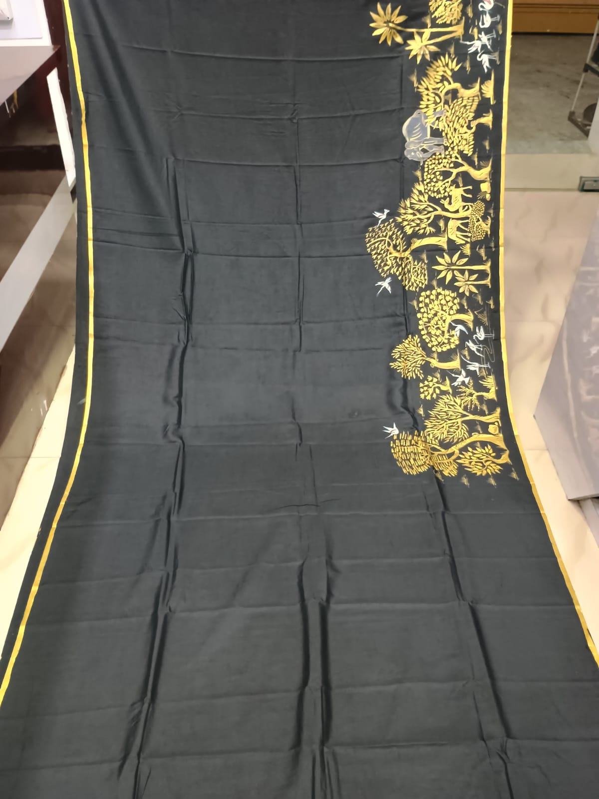 Black Jungle Morden Art Theme Pattachitra Khadi Silk Saree