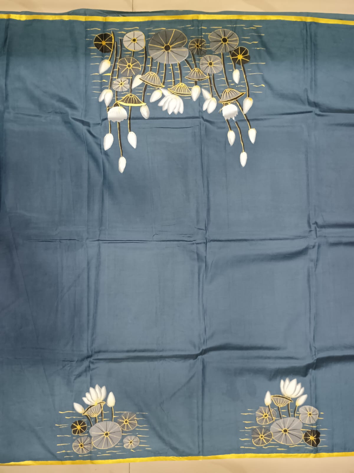 Grey Water Lily Morden Art Theme Pattachitra Khadi Silk Saree