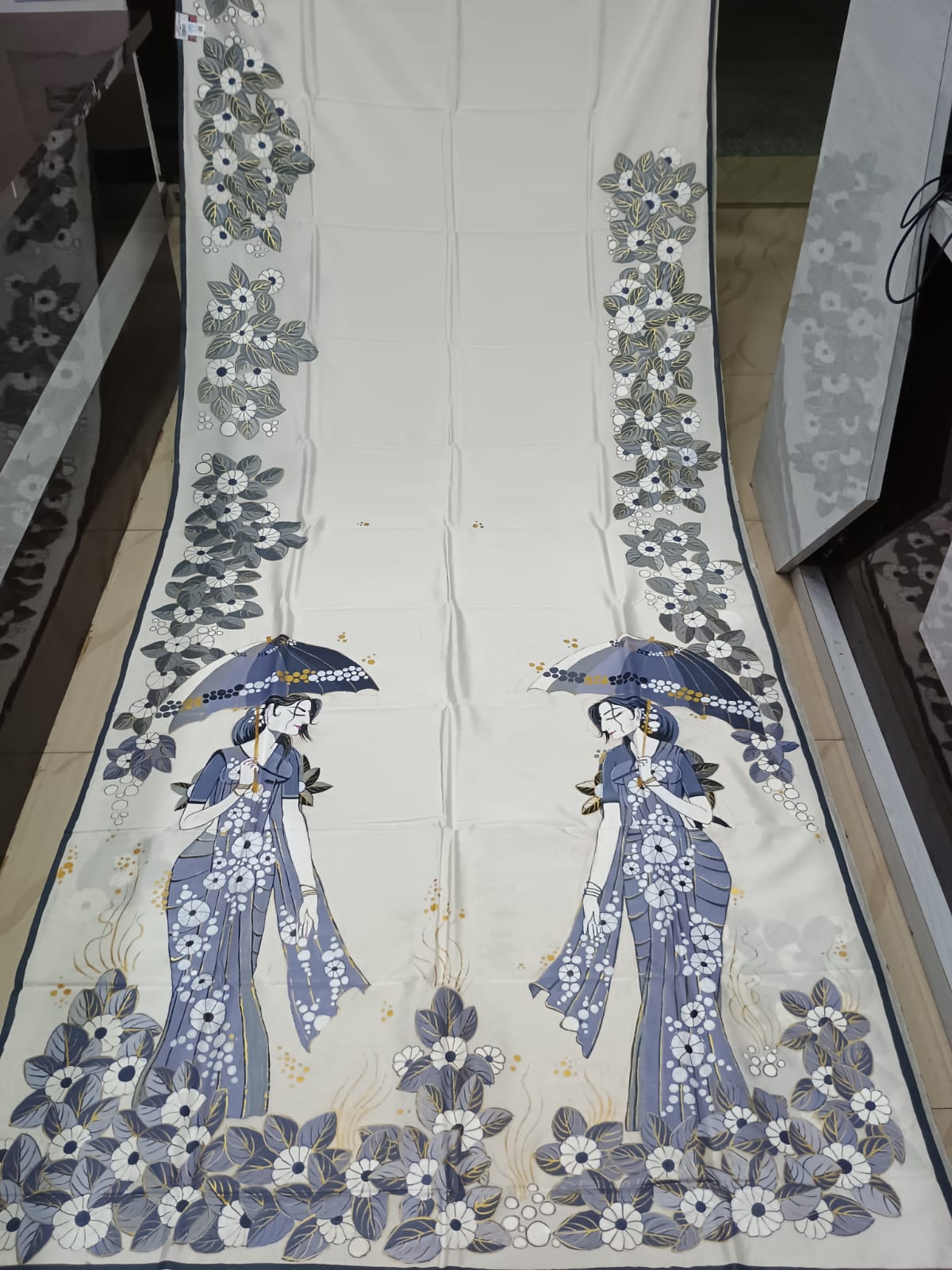 White Lady With Umbrella Morden Art Theme Pattachitra Khadi Silk Saree