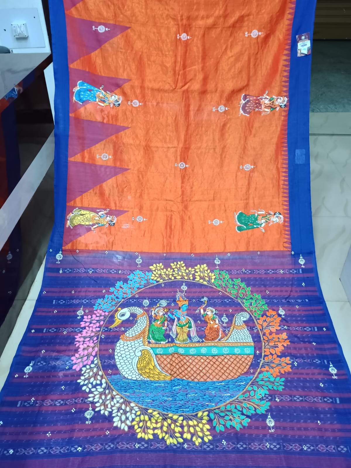 Orange Blue Nabakeli Boita Theme Pattachitra Tissue Cotton Saree