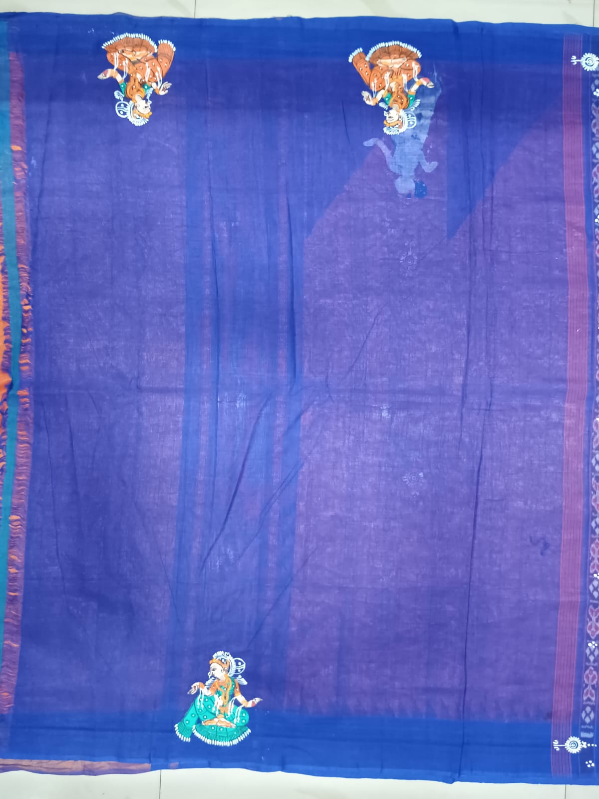 Orange Blue Nabakeli Boita Theme Pattachitra Tissue Cotton Saree