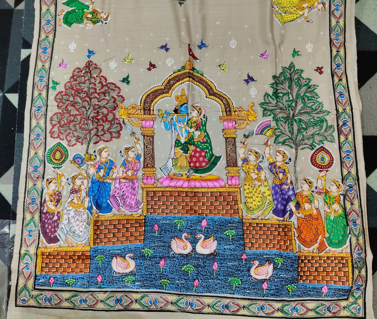 Natural Tusser Radha Krishna Rasa Theme Pattachitra Tussar Silk Saree