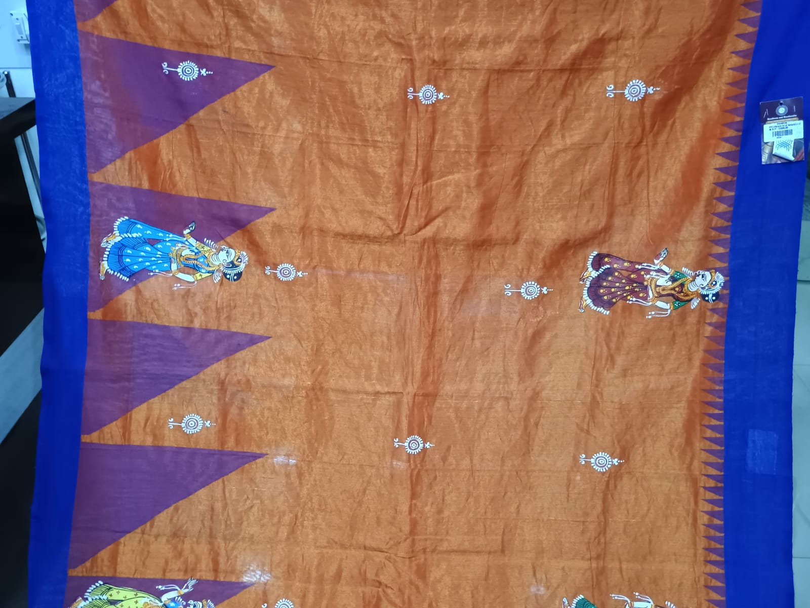 Orange Blue Nabakeli Boita Theme Pattachitra Tissue Cotton Saree