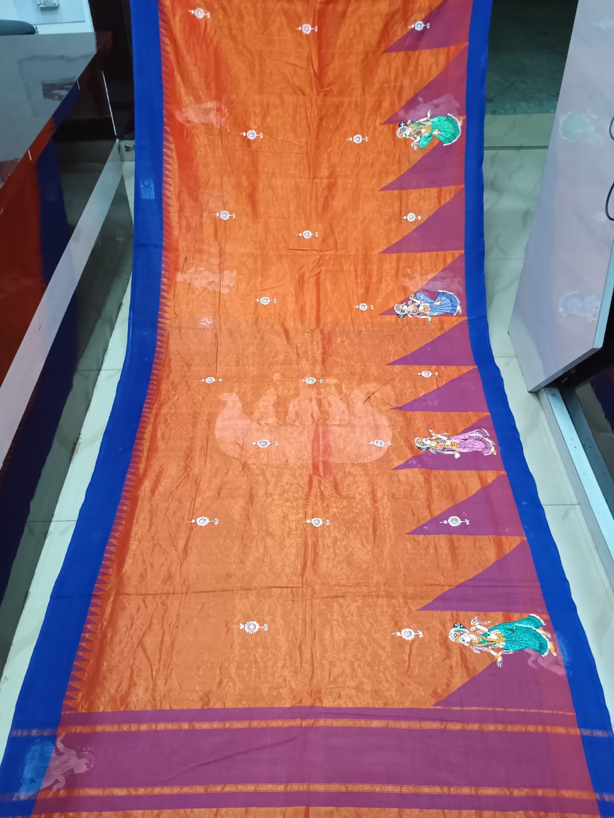 Orange Blue Nabakeli Boita Theme Pattachitra Tissue Cotton Saree