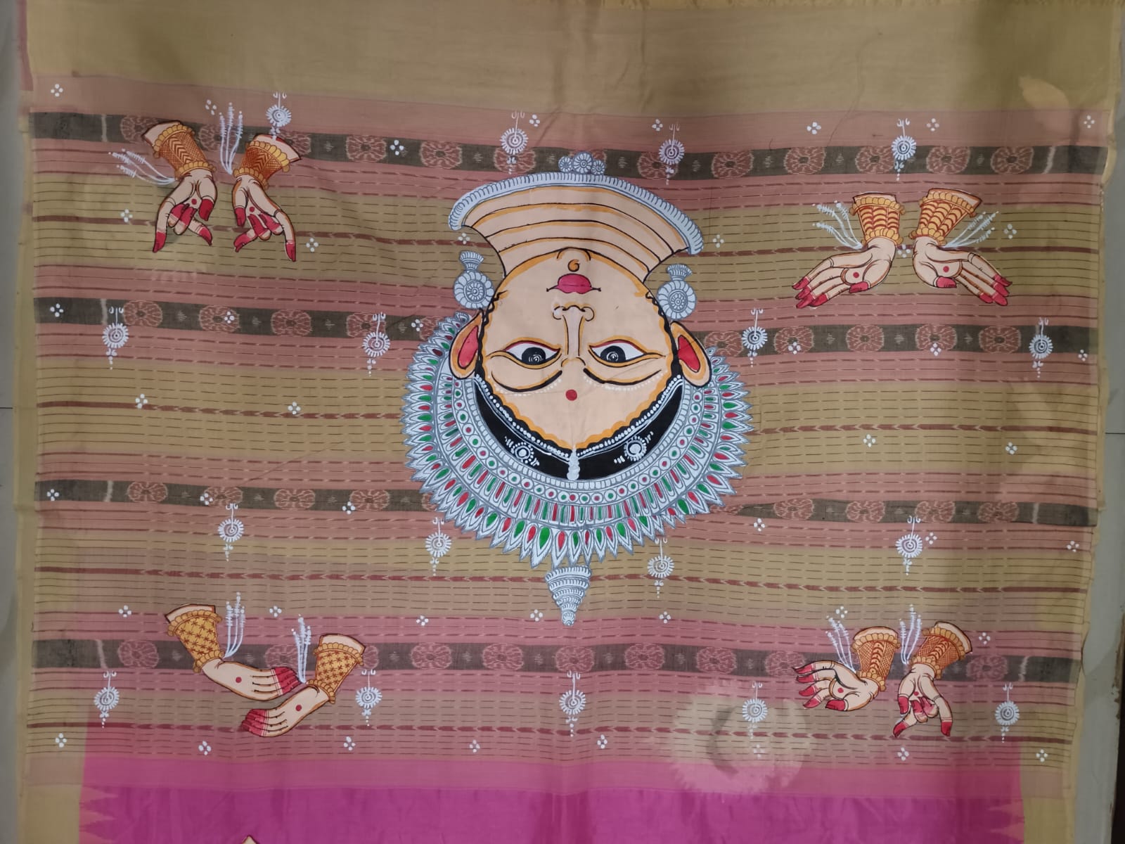 Pink Off White Odishi Face And Mudra Theme Pattachitra Tissue Cotton Saree
