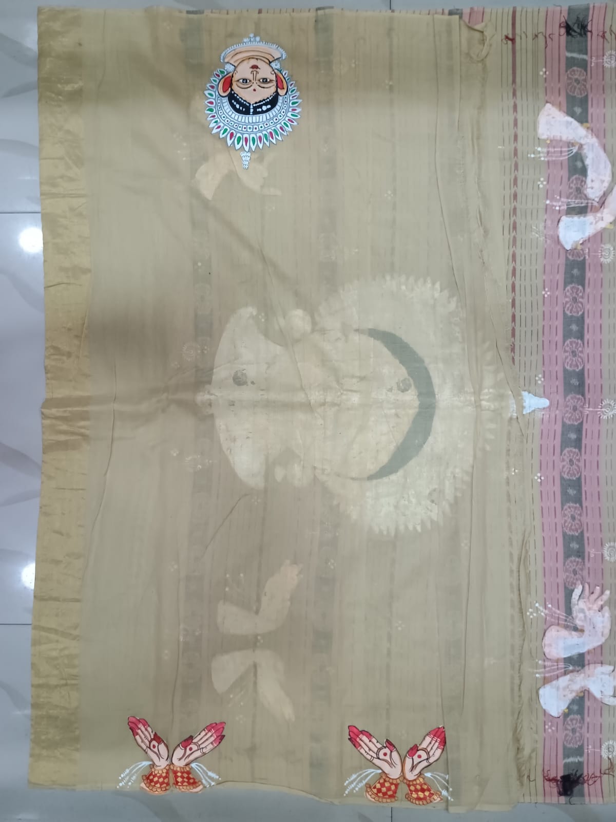 Pink Off White Odishi Face And Mudra Theme Pattachitra Tissue Cotton Saree