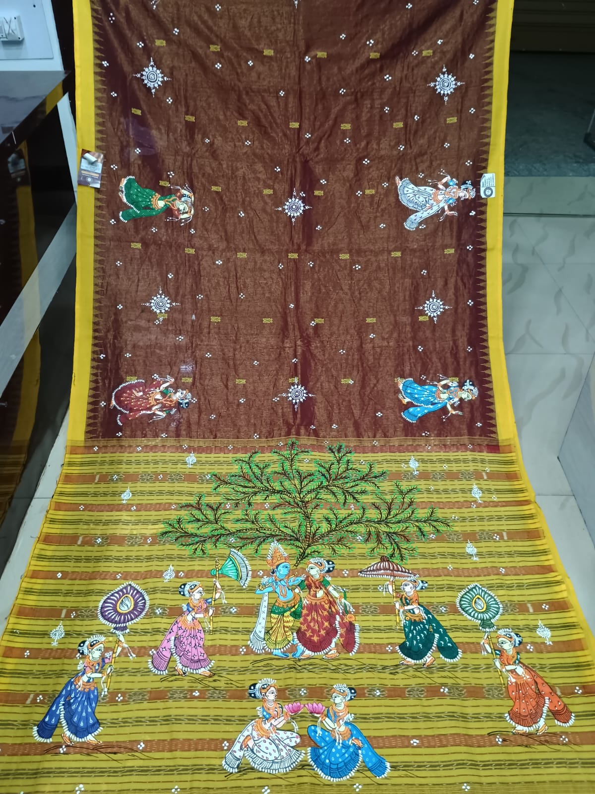 Brown Yellow Radha Krishna Rasa Theme Pattachitra Tissue Cotton Saree