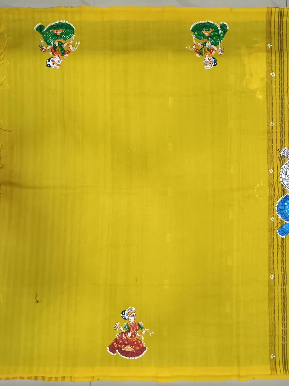 Brown Yellow Radha Krishna Rasa Theme Pattachitra Tissue Cotton Saree