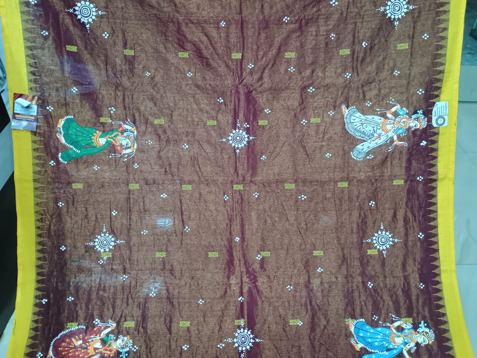 Brown Yellow Radha Krishna Rasa Theme Pattachitra Tissue Cotton Saree