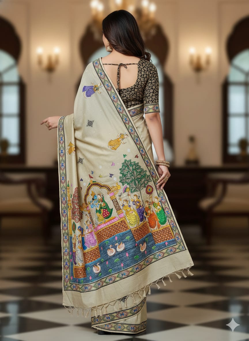 Natural Tusser Radha Krishna Rasa Theme Pattachitra Tussar Silk Saree