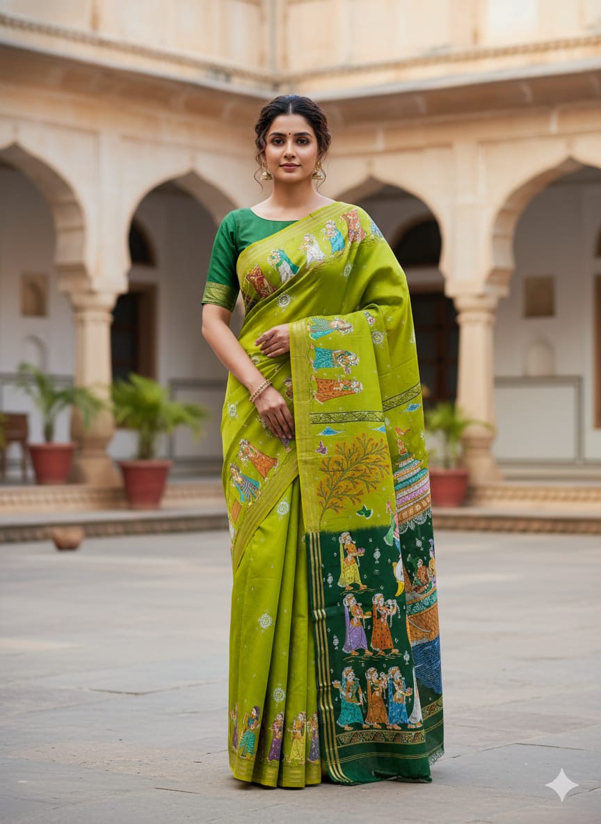 Mehendi Green Buttle Green Boita Bandan Theme Pattachitra Kanjeeveram Silk Saree