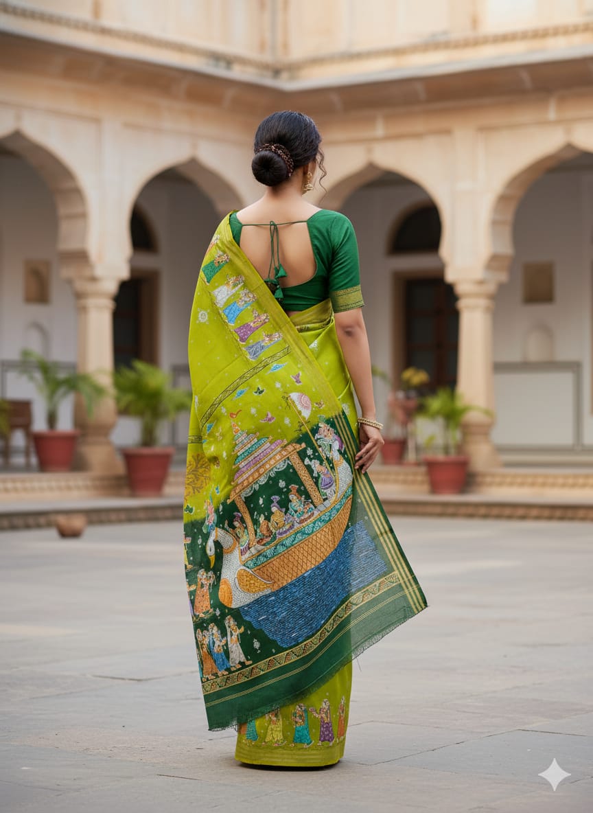 Mehendi Green Buttle Green Boita Bandan Theme Pattachitra Kanjeeveram Silk Saree