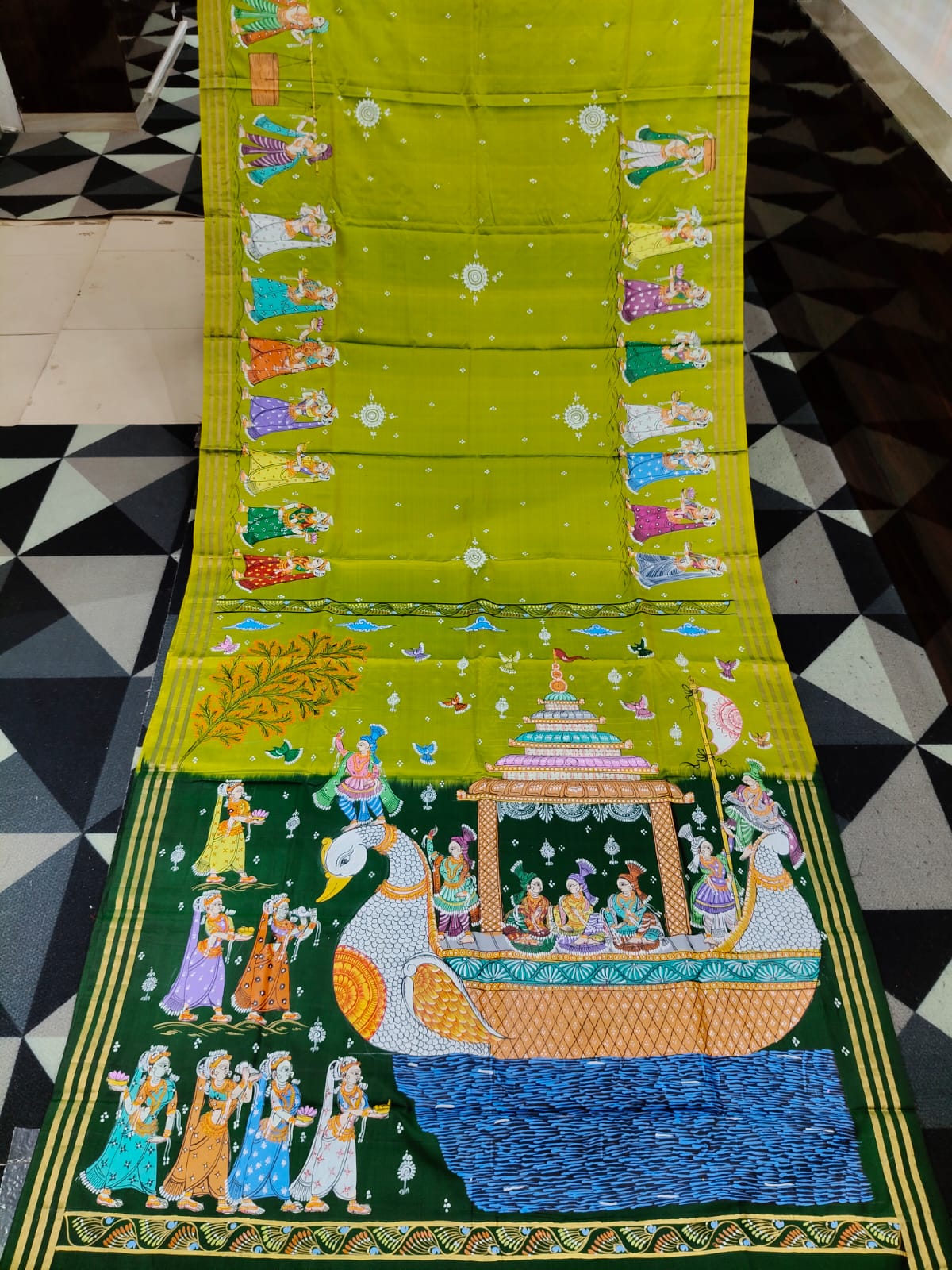 Mehendi Green Buttle Green Boita Bandan Theme Pattachitra Kanjeeveram Silk Saree