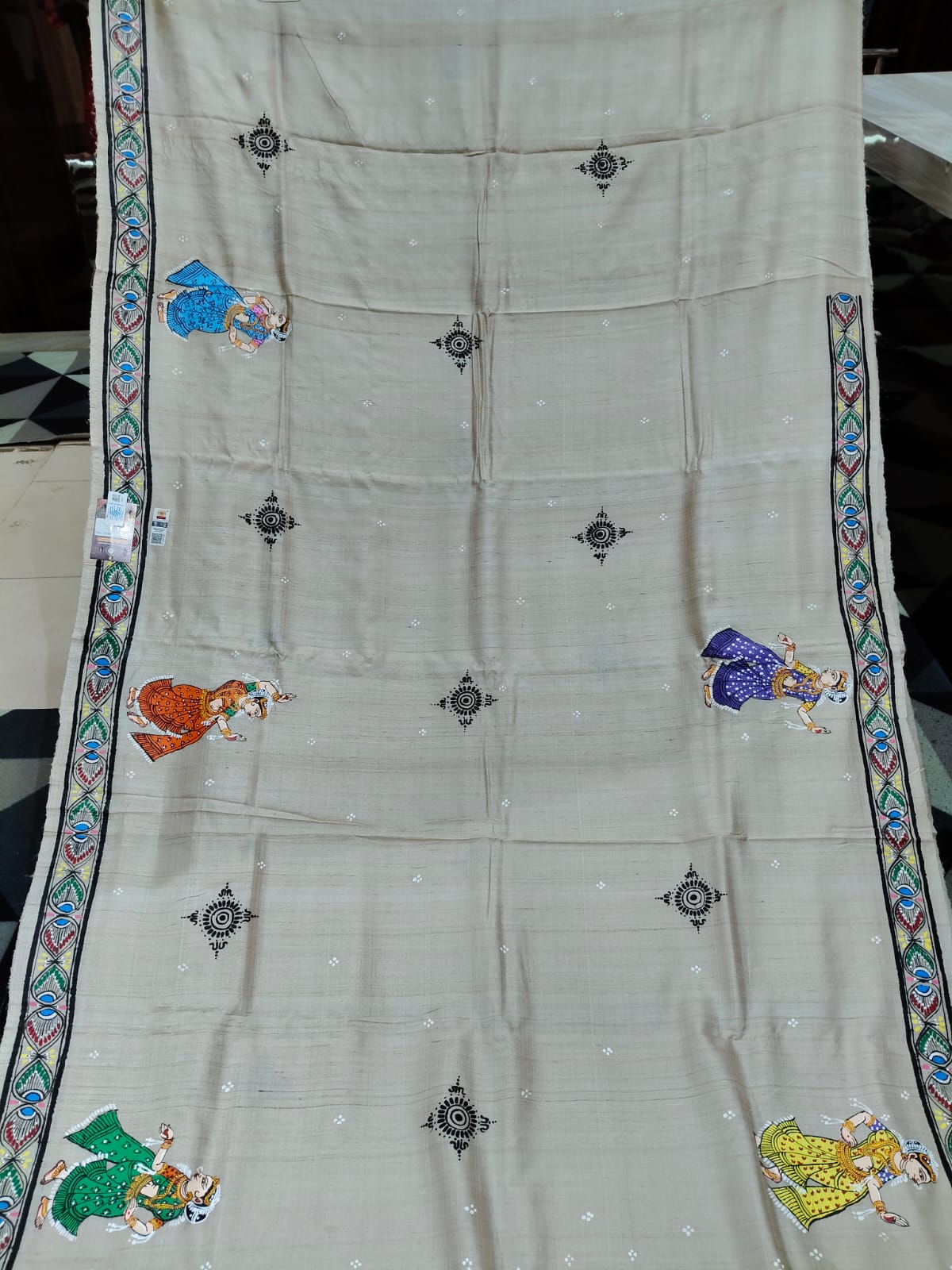 Natural Tusser Radha Krishna Rasa Theme Pattachitra Tussar Silk Saree