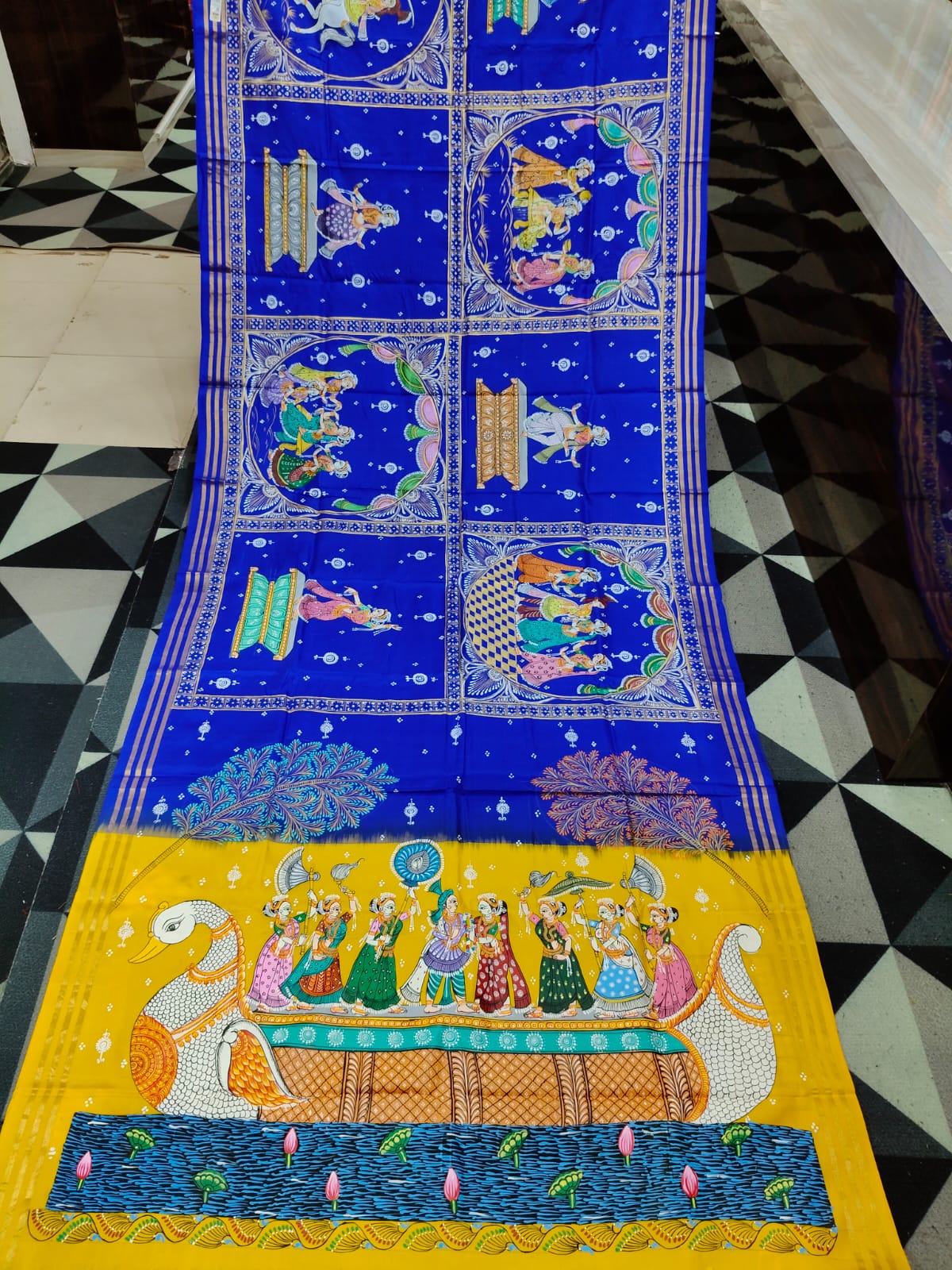 Blue Yellow Big Box Boita Theme Pattachitra Kanjeeveram Silk Saree