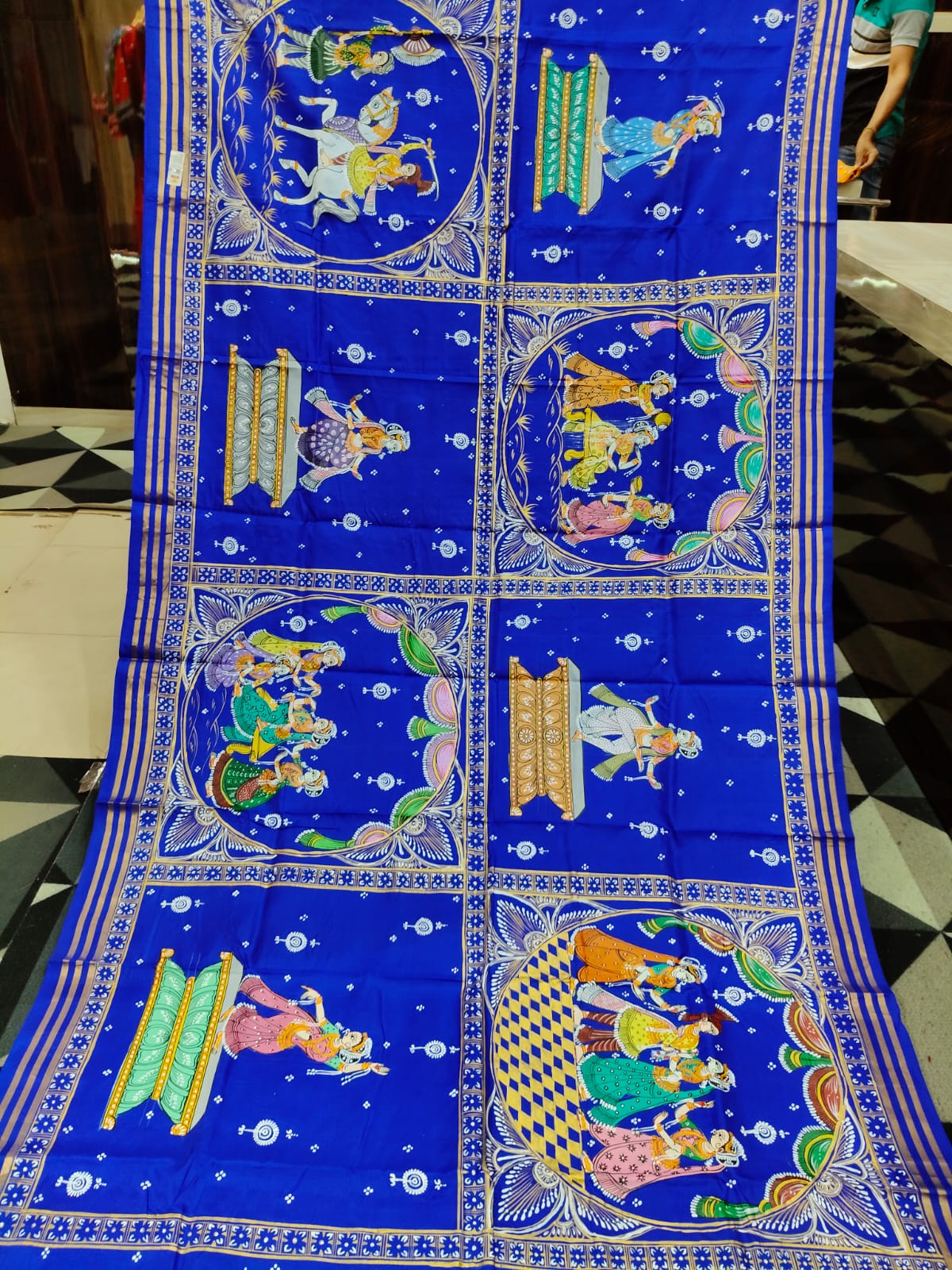 Blue Yellow Big Box Boita Theme Pattachitra Kanjeeveram Silk Saree