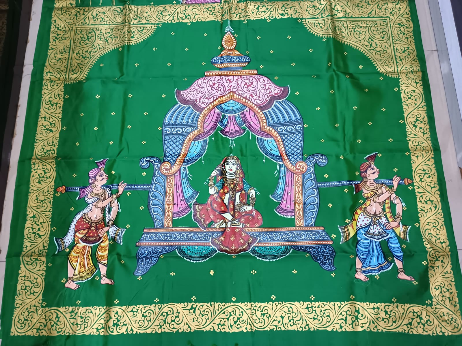 Green Marriage Theme Pattachitra Kanjeeveram Silk Saree