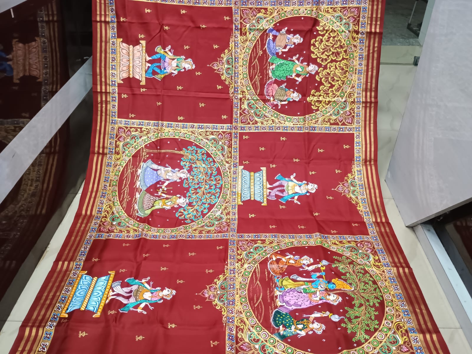 Maroon Black Big Box Boita Theme Pattachitra Kanjeeveram Silk Saree