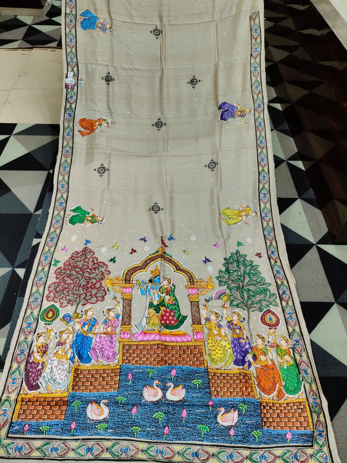 Natural Tusser Radha Krishna Rasa Theme Pattachitra Tussar Silk Saree