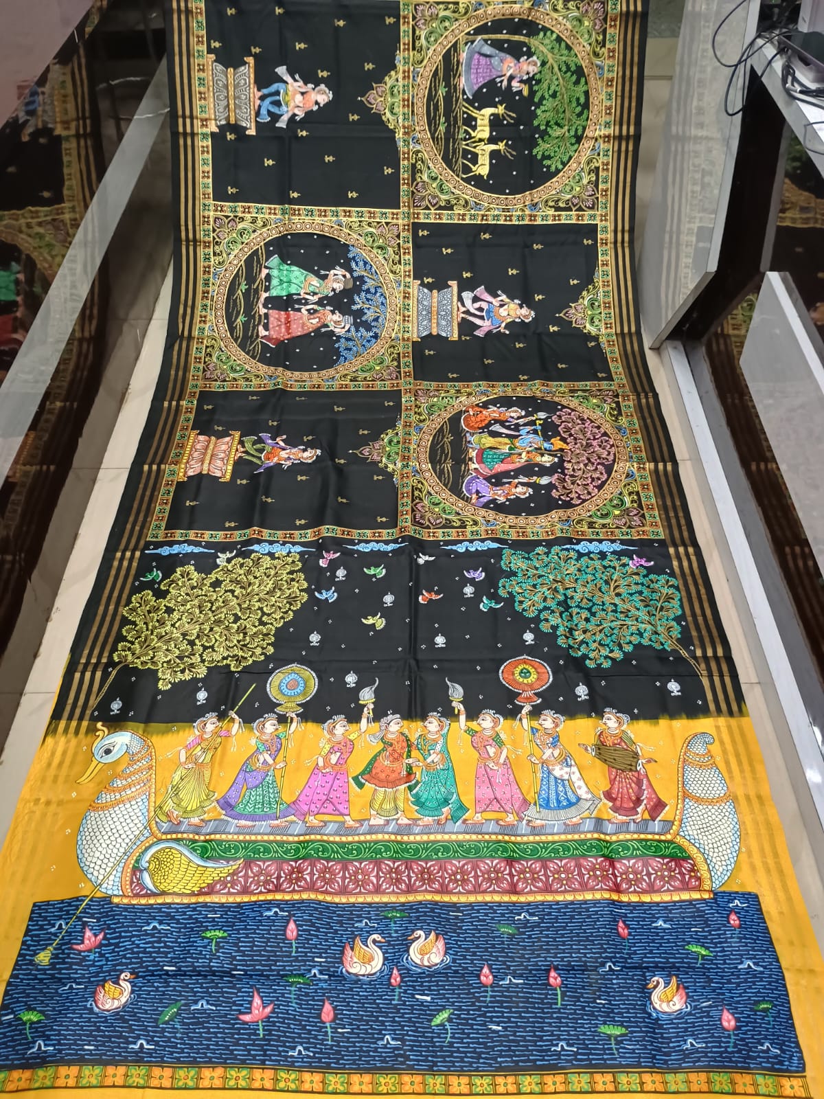 Black Yellow Big Box Boita Theme Pattachitra Kanjeeveram Silk Saree