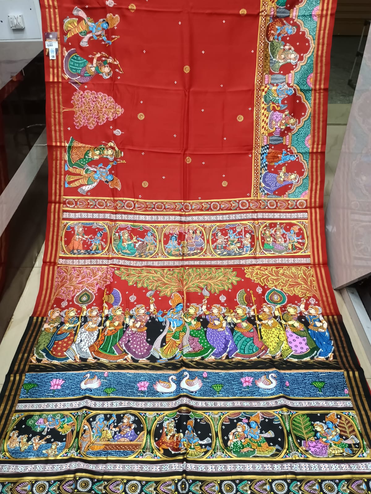 Red Black Radha Krishna Rasa Theme Pattachitra Kanjeeveram Silk Saree