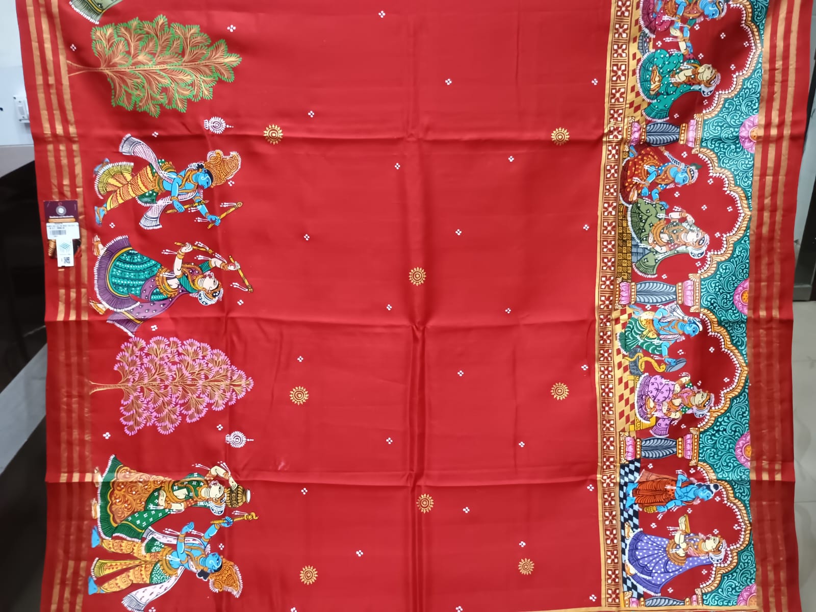 Red Black Radha Krishna Rasa Theme Pattachitra Kanjeeveram Silk Saree