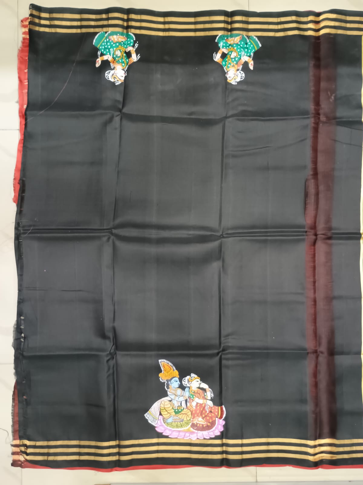 Red Black Radha Krishna Rasa Theme Pattachitra Kanjeeveram Silk Saree