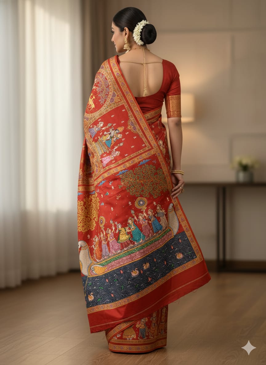 Red Big Box Boita Theme Pattachitra Khadi Silk Saree